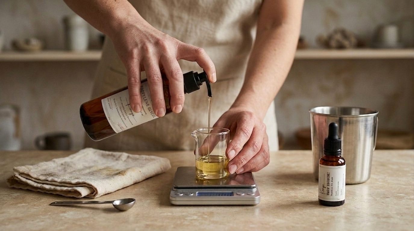 A maker pouring oil from a Kimiya bottle into a glass beaker on a kitchen scale